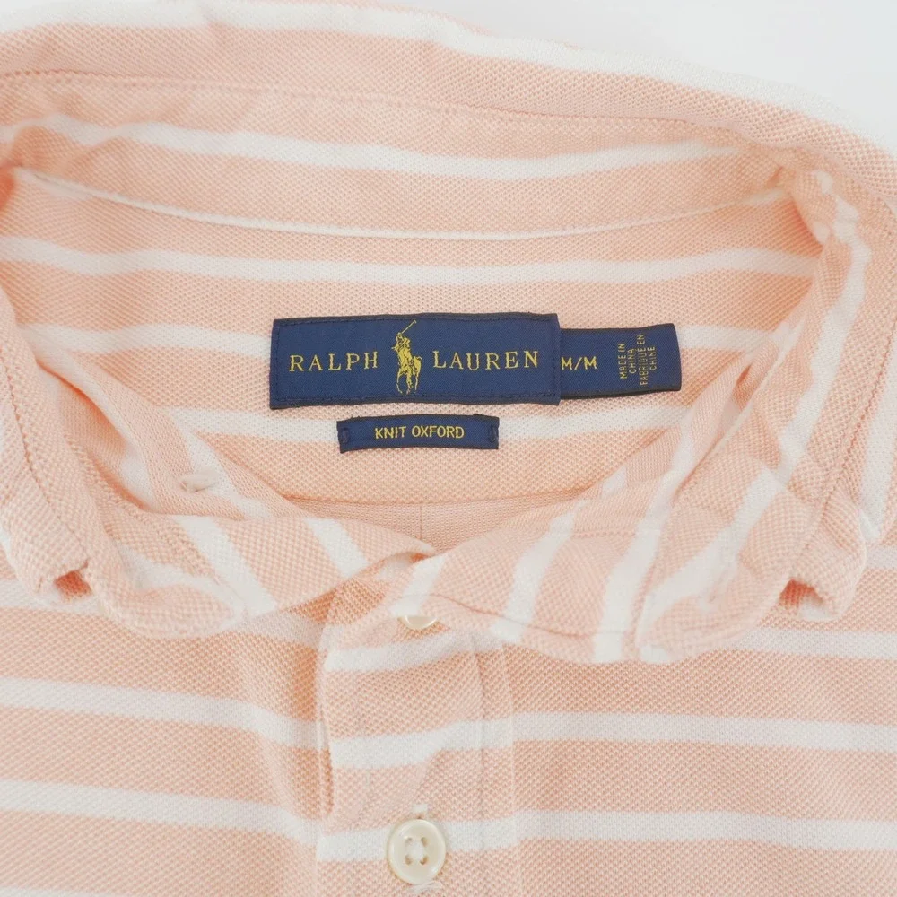 Ralph Lauren Polo Shirt Mens Medium Pink White Striped Knit Oxford Short Sleeve